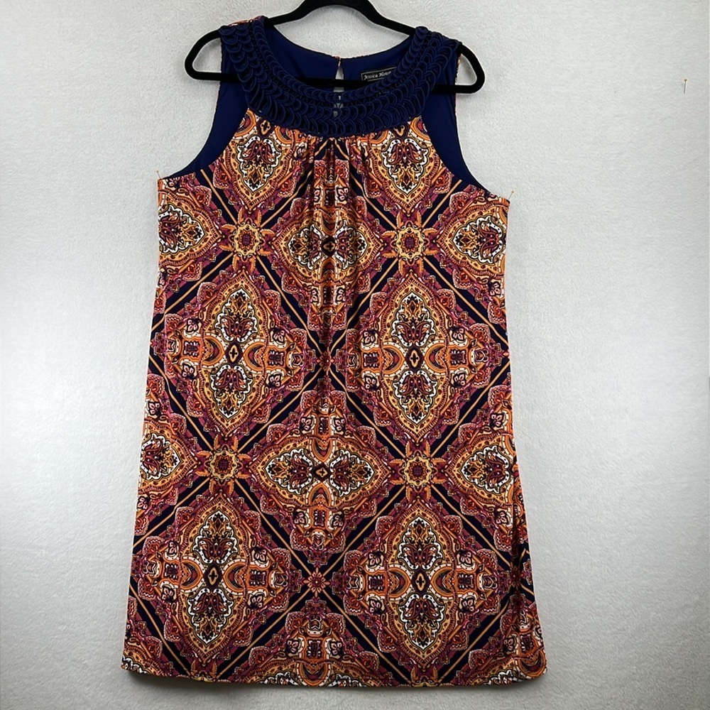 Jessica Howard Women’s Shift Dress Size 12 Navy/ Orange/Purple/White Paisley EUC